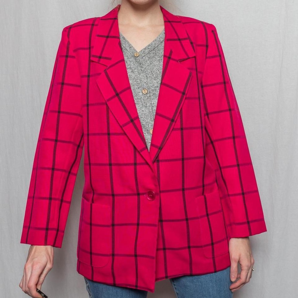 90s Vintage Hot Pink Blazer with Black Square Pattern